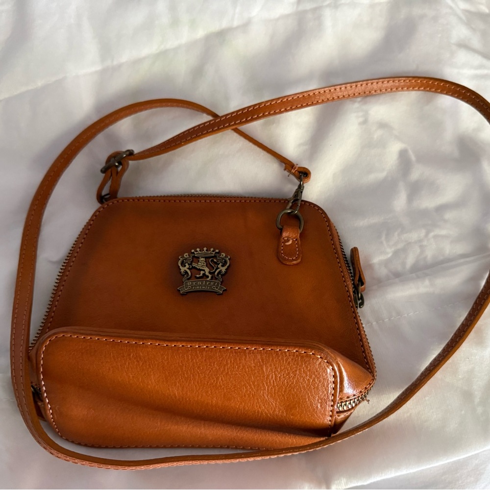 Cognac Leather Crossbody Bag with Crest Accent